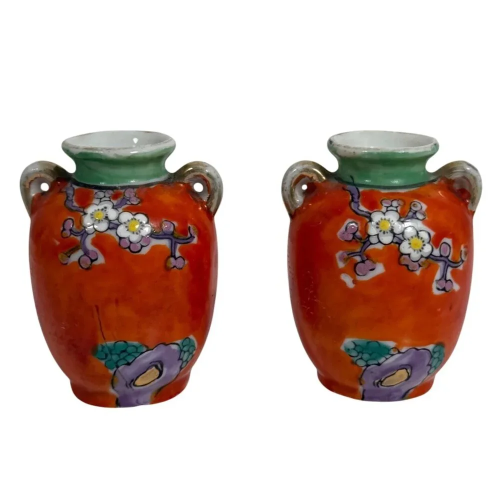 TWO Vintage Gold Castle Chikusa Hand-Painted Vases Flowers Birds Made In Japan